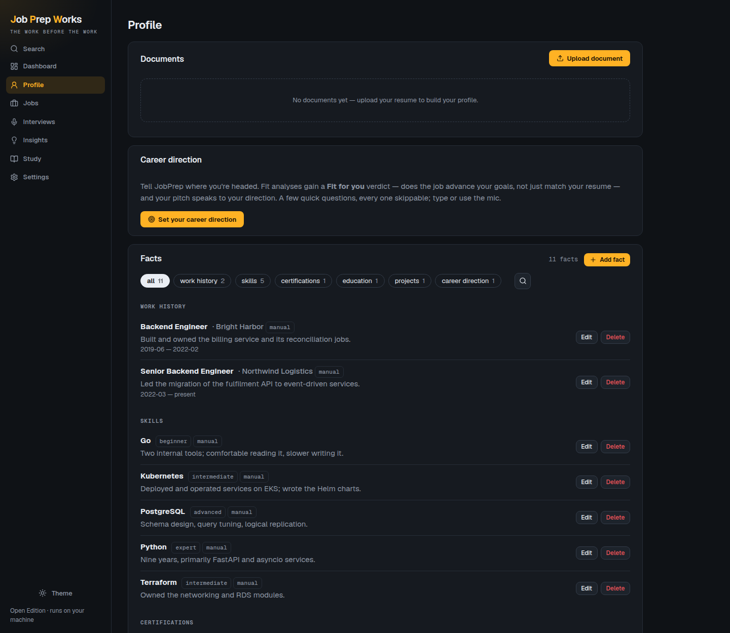 The Profile page listing work history, skills with proficiency levels, certifications and career direction.