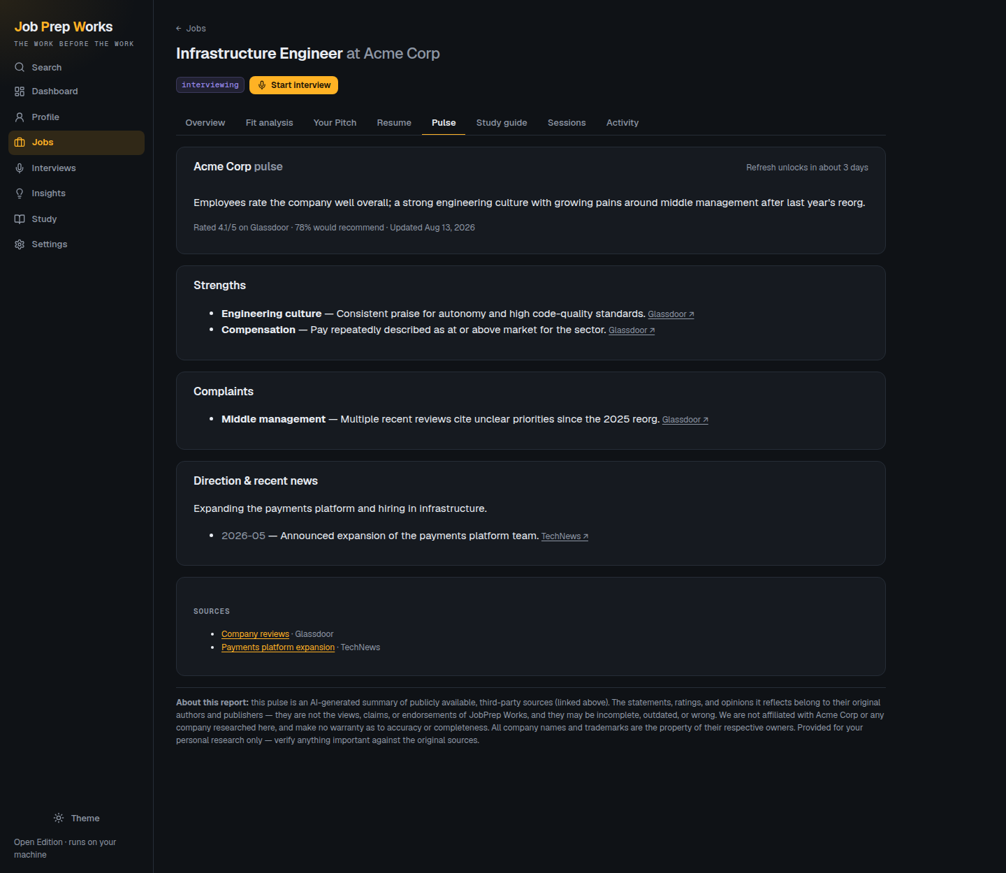 A Company Pulse report showing a rating, strengths, complaints, recent news and a list of cited sources.
