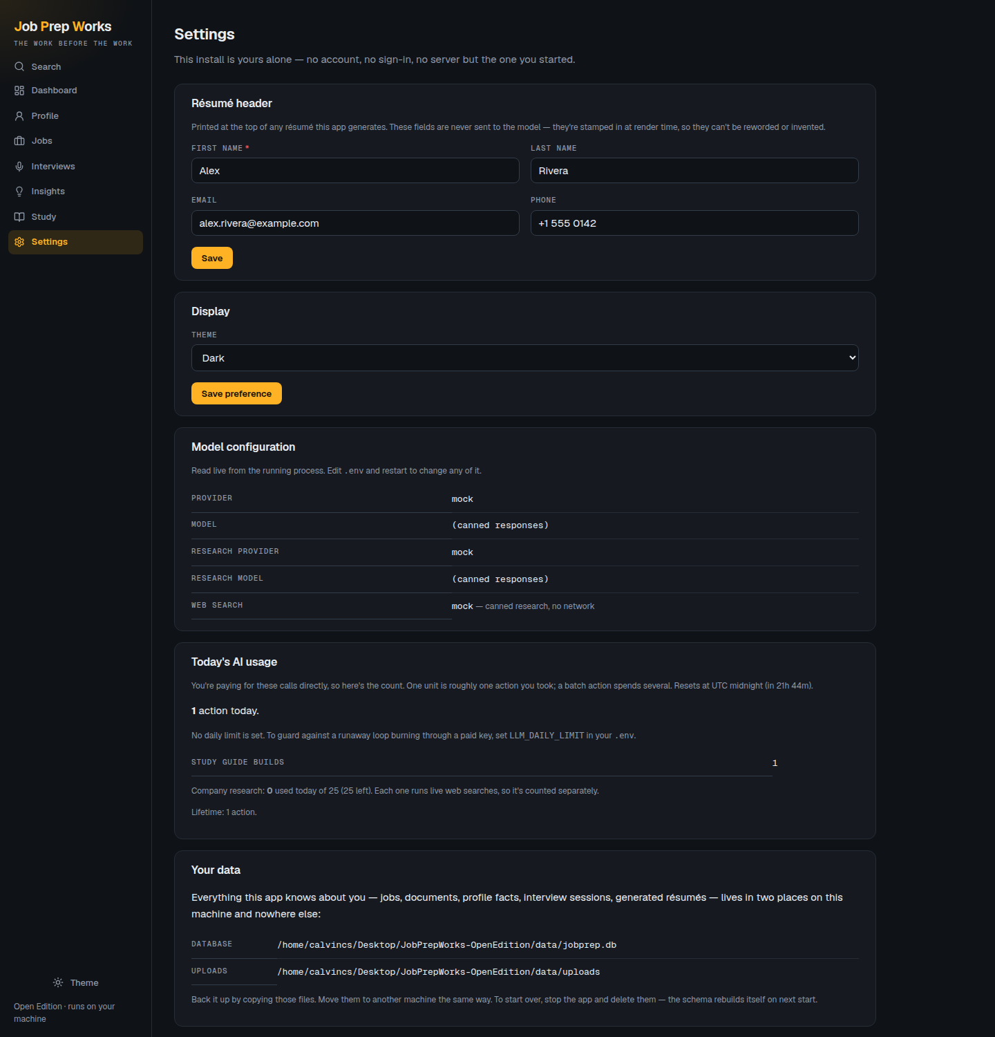 The Settings page showing the résumé header form, model configuration readout, today's AI usage, and the on-disk data paths.
